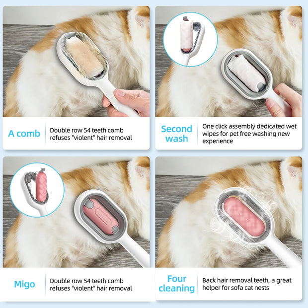 Cat Hair Brush With Water, Sticky Brush For Cats, 4 In-1 Cat Grooming Brush Creative Update Cat Dog Grooming Comb With Water Tank Double-Sided Hair Removal Brush Kitten Pet Supplies Accessories